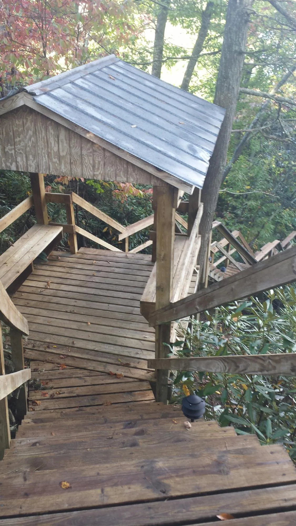 Metal roofed shelter over wooden steps on a wooded walkway — Skylight Repair & Installation work by our crew in Vancleave